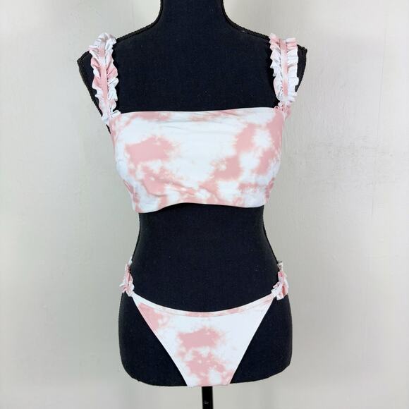 Aerie Two Piece Printed Ruffle Bandeau Bikini Top and Cheekiest Bottom Swimsuit - Picture 1 of 12
